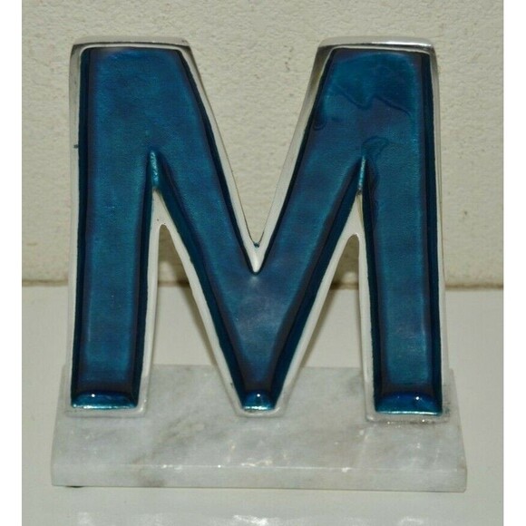 Modern Marble & Aluminum Blue Letter "M" Name Shelf Accent Bookend - Picture 1 of 8